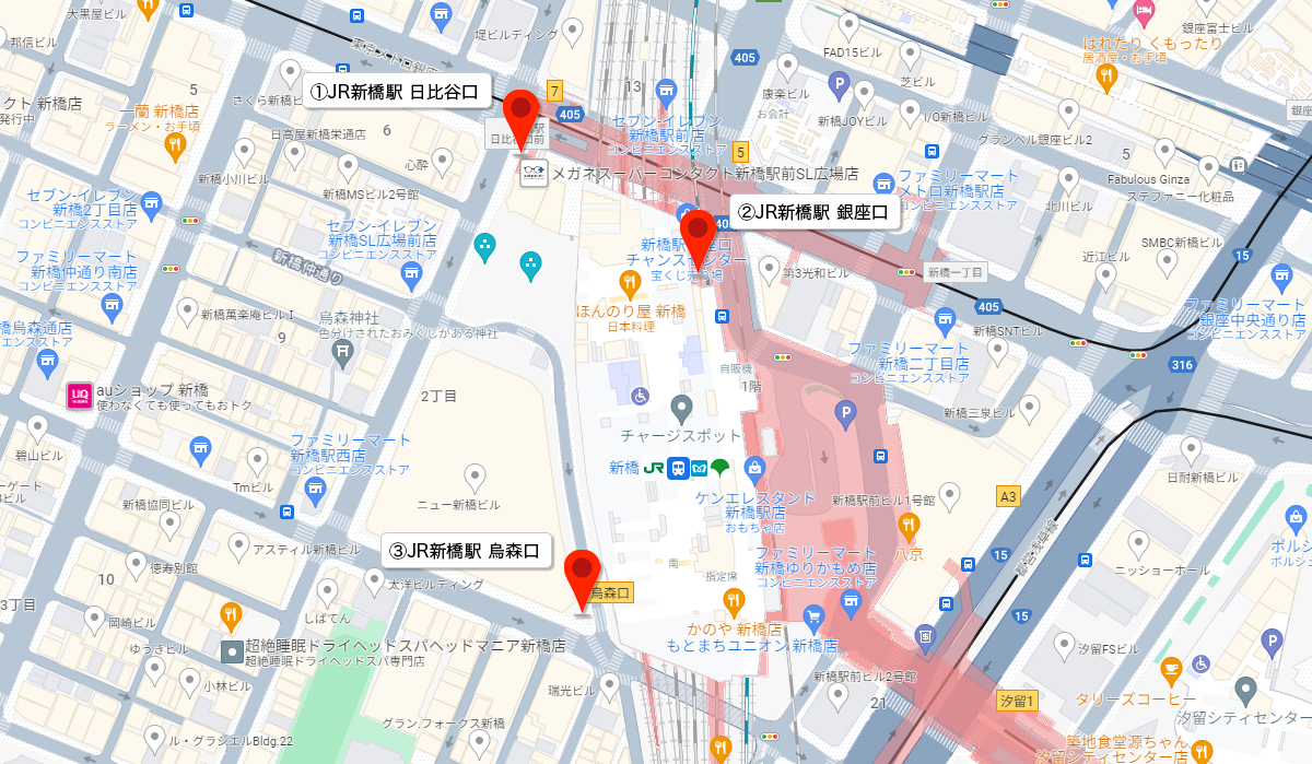 新橋駅エリアの街頭配布ポイント全体マップ