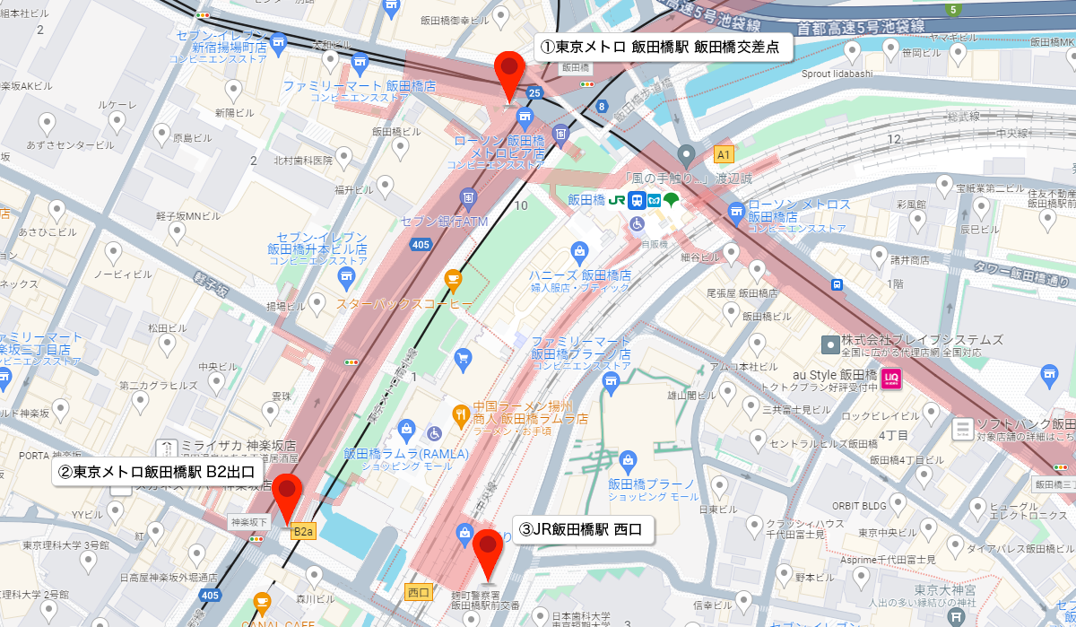 飯田橋駅エリアの街頭配布ポイント全体マップ